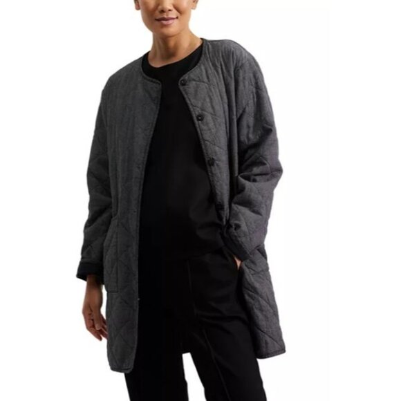 Eileen Fisher Long Quilted Coat Jacket Black Size M  Organic Cotton Women's - Picture 1 of 5